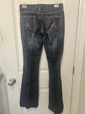 7 For All Mankind Dark Blue Flare Jeans with Pink Pocket Embroidery. Vintage Y2K